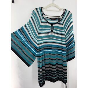 Axcess Liz Claiborne Striped Knit Tunic Top Teal Blue XL Keyhole Dolman Sleeve